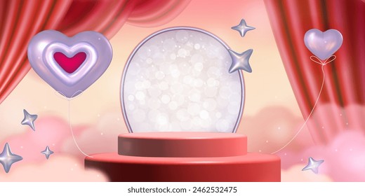 Round podium, heart and star air balloons on red curtains, pink clouds background. Vector realistic illustration of valentine day gift presentation, cylinder pedestal mockup for romantic surprise