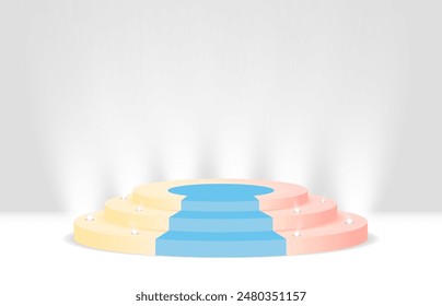 A round podium illuminated by bright spotlights. Empty pedestal for web design and vector illustration.