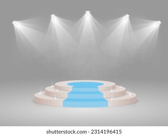 Round podium illuminated by light. Vector pedestal for product and honoring winners.