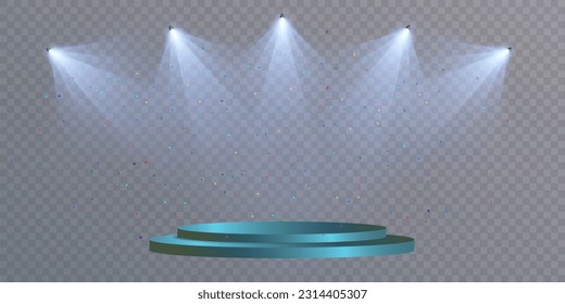 Round podium illuminated by light. Vector pedestal for product and honoring winners.