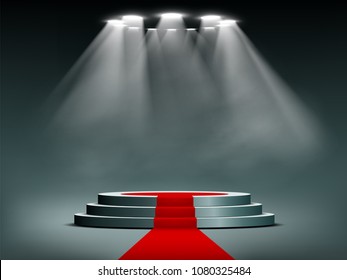 Round podium illuminated by searchlights. Red carpet. Blank background for the presentation. Stock vector illustration.