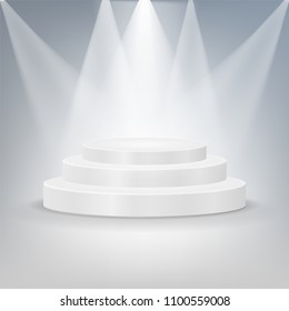 Round podium illuminated by searchlights. Vector illustration. Eps 10.