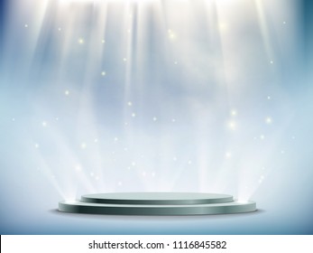 Round podium illuminated by searchlights. Blank background with copy space. Stock vector illustration.