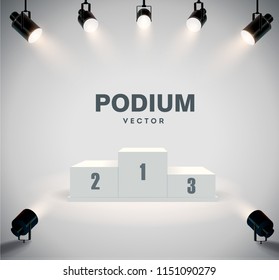 Round podium illuminated by searchlights. Stock vector illustration. eps 10
