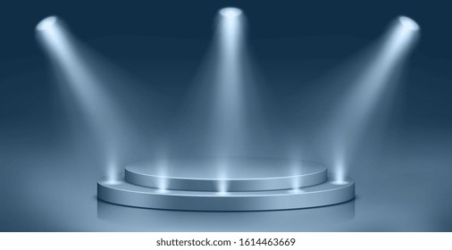 Round podium illuminated by searchlights. Blank background for the presentation.
