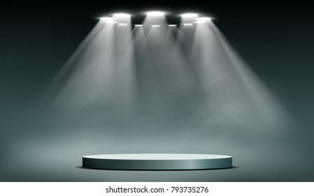 Round podium illuminated by searchlights. Blank background for the presentation. Stock vector illustration.