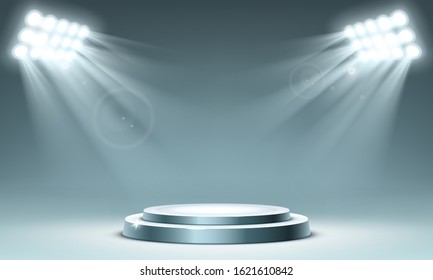 Round podium illuminated by spotlighs. Circular stand for exhibition. Vector realistic mockup of round pedestal for display award or winner, presentation platform in showroom with projector lights