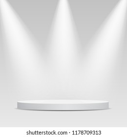 Round podium illuminated by spotlights. Stock vector illustration image.