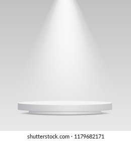 Round podium illuminated by spotlights. Stock vector illustration image.