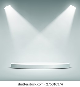 Round podium illuminated by spotlights. Vector Image.
