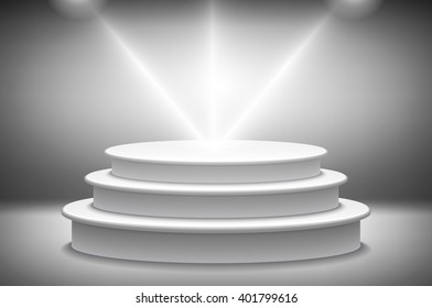 Round podium illuminated by spotlights. Vector Image. art