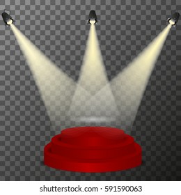 Round podium illuminated by spotlights. Vector Image.