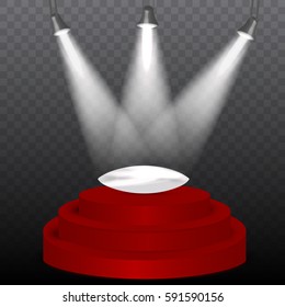 Round podium illuminated by spotlights. Vector Image.