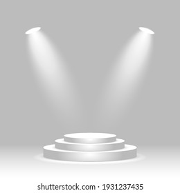 Round podium illuminated by two spotlights. Empty winner stage, award ceremony pedestal, product exhibition platform. Vector realistic illustration.