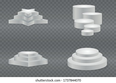 Round podium, isolated on a transparent background. 3d pedestal. White cylinder podium set with one step, competition winner award platform stage.