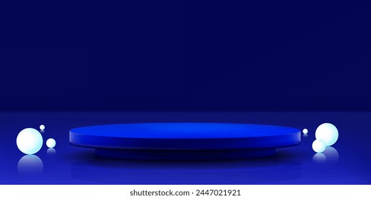 Round podium and neon balls on dark blue background. Vector realistic illustration of low cylinder platform for product presentation, nightclub stage reflecting on glossy floor, futuristic showroom