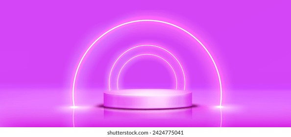 Round podium with neon light arch glowing on purple background. Vector realistic illustration of cylinder platform mockup for product presentation, led tubes decoration, futuristic showroom design