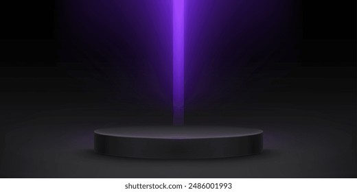 Round podium with neon light portal on black background. Vector realistic illustration of dark showroom with futuristic teleport, modern product presentation stage with purple ray glowing in darkness