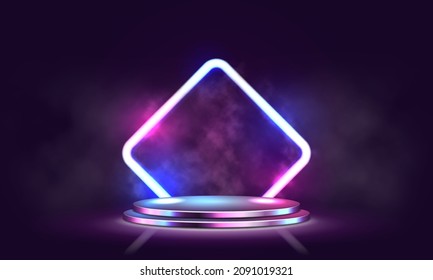 Round podium with neon lighting and smoke. Empty pedestal for award ceremony or presentation. Vector illustration.