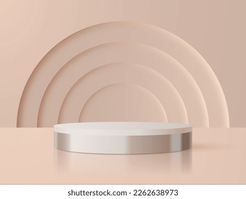 Round podium on an abstract background with geometric round niches. Vector 3d illustration.