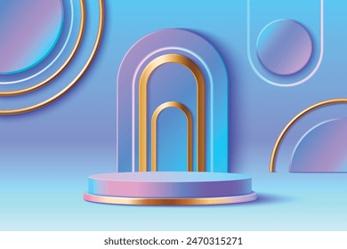 Round podium on arch background. Vector realistic illustration of blue and purple gradient cylinder shape platform, golden line decoration on showroom wall, pedestal mockup for product presentation