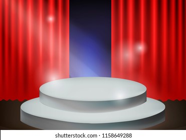 Round podium on the background of the red theatrical curtain. Vector concept illustration