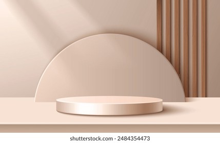 Round podium on beige background with wooden planks. Vector realistic illustration of pastel color cylinder platform mockup, showroom interior for natural cosmetics presentation, sunlight beams effect