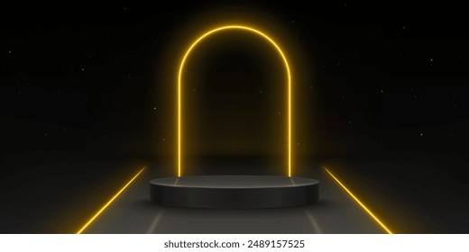 Round podium on black background with neon yellow arch. Vector realistic illustration of dark showroom for futuristic product presentation with golden glowing lines, nightclub stage design, showroom