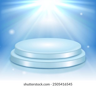 Podio redondo sobre un fondo azul con rayos de luz. Ilustración vectorial.