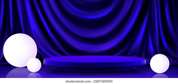 Round podium on blue curtain background with white balls. Vector realistic illustration of empty award ceremony stage, elegant textile on wall, neon beads on glossy floor, product presentation stage