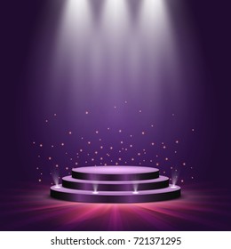 Round podium on bright background. Empty pedestal for award ceremony. Platform illuminated by spotlights. Vector illustration.