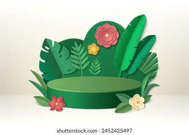 Podio redondo sobre fondo de jardín. Ilustración realista del Vector de la etapa de la forma del cilindro para la presentación del producto, color artesanal flores y hojas verdes, Plantilla de la Tarjeta de regalo, maqueta floral de la etapa del cristal