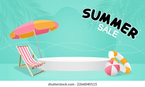 Round podium on indigo blue palm tree shadow background feeling summer beach or seaside includes umbrella, beach chair, lifebuoy and ball use horizontal banners, poster, card, brochure design.