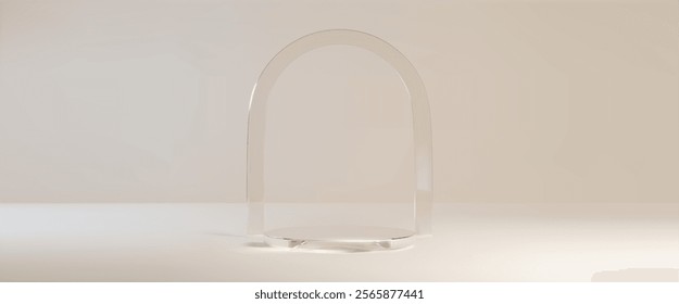 Round podium on light beige background with glass morphism arch. Vector realistic illustration of cosmetic product presentation platform, elegant pastel showroom with transparent stage for advertising