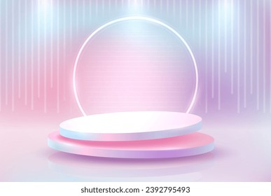 Podio redondo sobre un fondo de color claro con luz de neón. Ilustración vectorial.