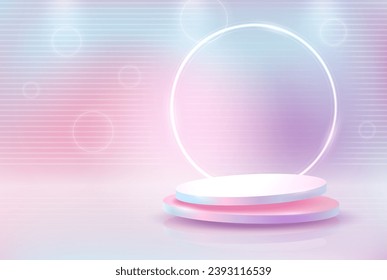 Round podium on a light illuminated background with neon lines and figures. Vector illustration.