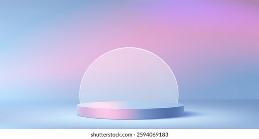 Round podium on pink and blue gradient background. Vector realistic illustration of empty platform for product presentation with glass morphism decoration, showroom with hologram color circular stage