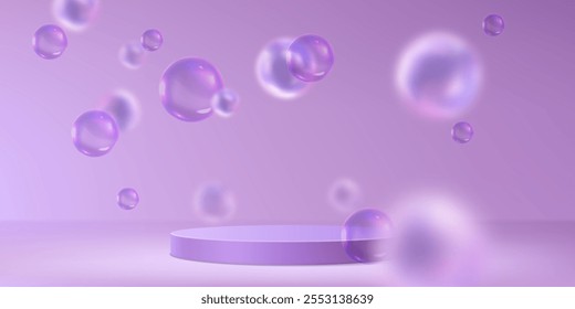 Round podium on purple background with soap bubbles in air. Vector realistic illustration of cosmetic, perfume, detergent product presentation platform, lilac showroom with glossy balls and stage