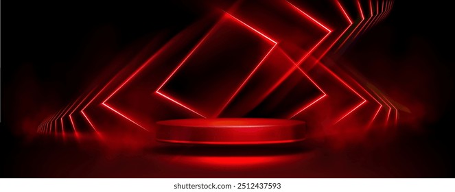 Pódio redondo sobre fundo de luz vermelha. Ilustração realista vetorial de showroom escuro para apresentação de produto moderno com retângulos brilhantes abstratos, showroom de tecnologia, projeto de palco de discoteca