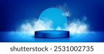 Round podium on sky blue background with clouds of smoke. Vector realistic illustration of product presentation platform, modern advertising showroom with heavenly design, neon illumination in mist