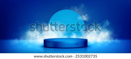 Round podium on sky blue background with clouds of smoke. Vector realistic illustration of product presentation platform, modern advertising showroom with heavenly design, neon illumination in mist