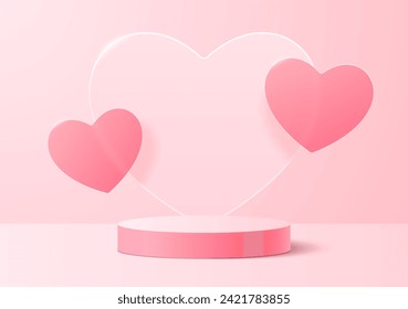 A round podium on a soft pink background with translucent hearts. Vector illustration.