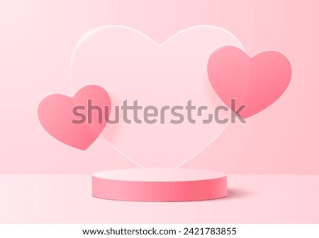 A round podium on a soft pink background with translucent hearts. Vector illustration.