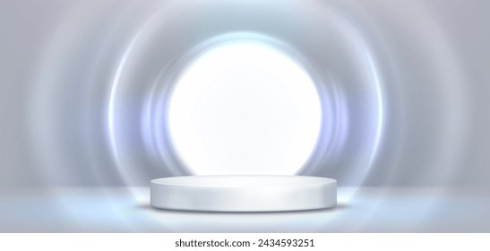 Round podium on white light circle background. Vector realistic illustration of cylinder shape stage in futuristic design studio, product presentation pedestal, shiny halo illumination effect on wall