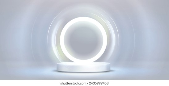 Podio redondo sobre fondo de círculo de luz blanca. Ilustración realista del vector del escenario de la forma del cilindro en el estudio de diseño futurista, pedestal de la presentación del producto, efecto brillante de la iluminación del halo en la pared