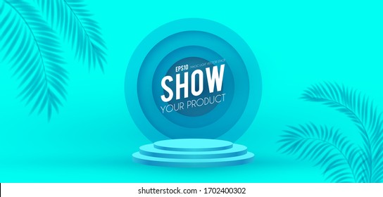 Round Podium with palm leaves shadow effect. Scene, pedestal and 3D platform with circle banner. Advertising, award and win design. Show and sale background. Realistic presentation mockup.