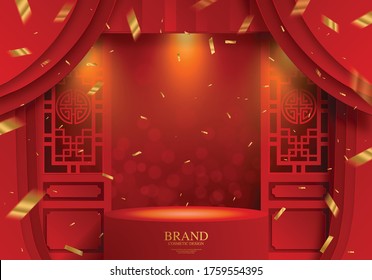 Round podium and paper art Chinese new year 2021 year of the ox , red paper cut ,flower and asian elements with craft style on background.