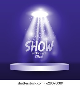 Round podium pedestal illuminated by spotlights. Vector illustration.