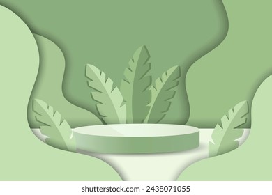 Round podium, pedestal on pale green background with palm leaves in paper cut style with shadow for product presentation. Vector
