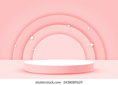 Podio redondo, pedestal sobre fondo rosa pálido con arco iris y estrellas en estilo de corte de papel con sombra para la presentación del producto. Vector